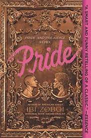 The book cover of the book, Pride, written by Ibi Zoboi. The cover has an old-fashioned floral design with a head and shoulders drawing of a boy and girl facing each other.